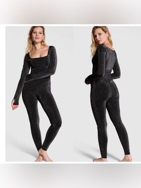 PINK Victoria's Secret Sparkle Black Long-Sleeve Jumpsuit